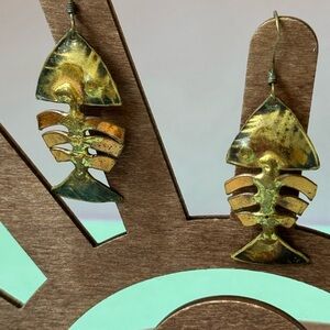 Vintage Copper & Brass Fishbone Dangle Earrings – Boho Nautical Style
